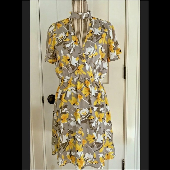 Floral Choker Collar Surplice V Elastic Waist Day Dress Peach Love S Grey Yellow - Picture 12 of 16